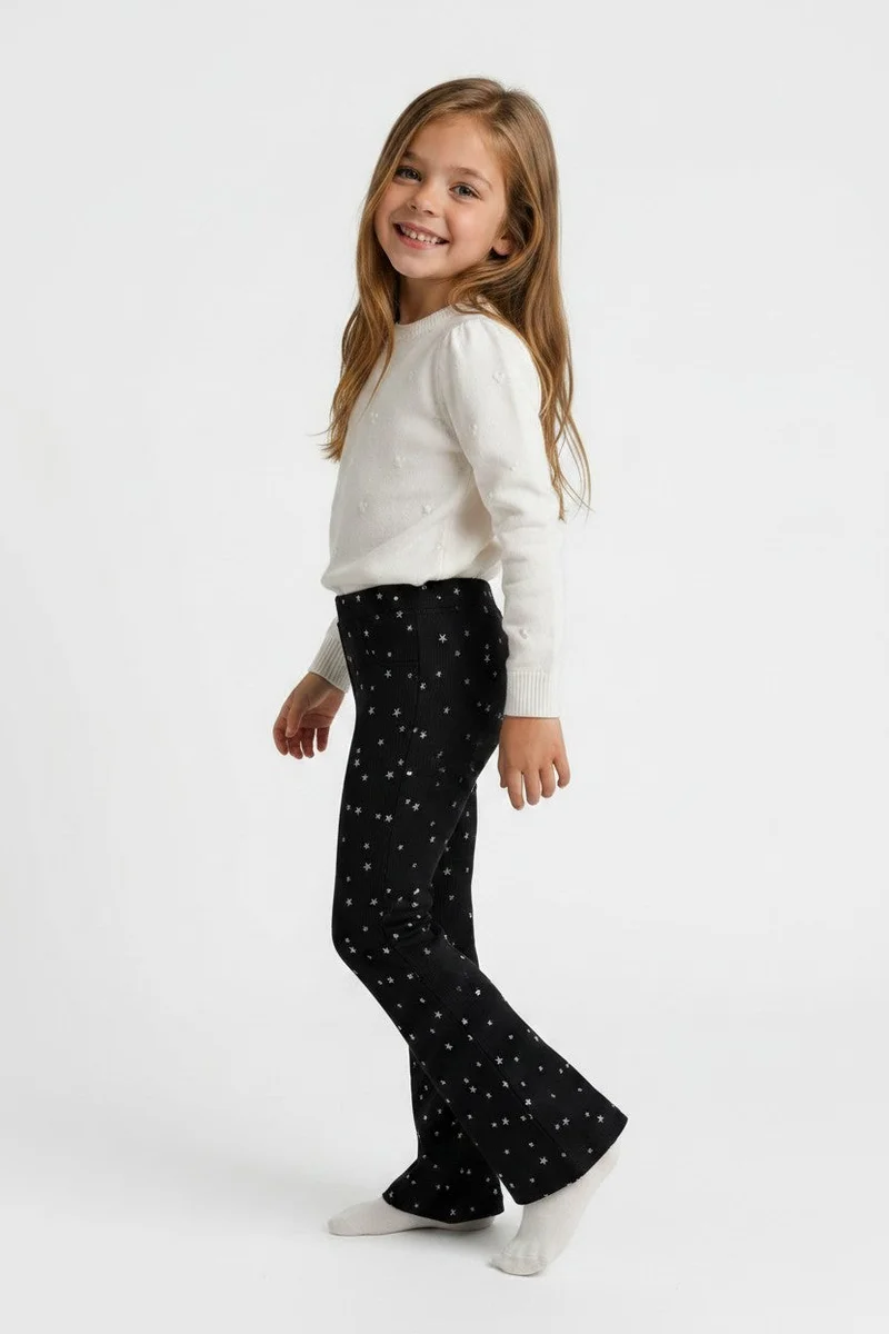 او في اس OVS Black Flared Stretch-Cotton Star-Print Trousers For Girls