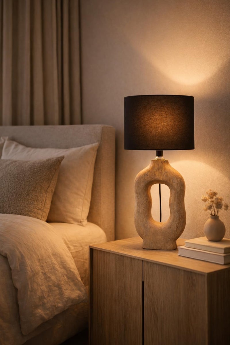 tu casa Wooden Table Lamp with Premium Black Cotton Shade | Modern Bedside Night Lamp for Bedroom, Living Room, Study Table, Home Décor & Gifting - Image 2