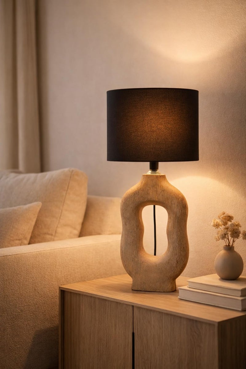 tu casa Wooden Table Lamp with Premium Black Cotton Shade | Modern Bedside Night Lamp for Bedroom, Living Room, Study Table, Home Décor & Gifting - Image 1