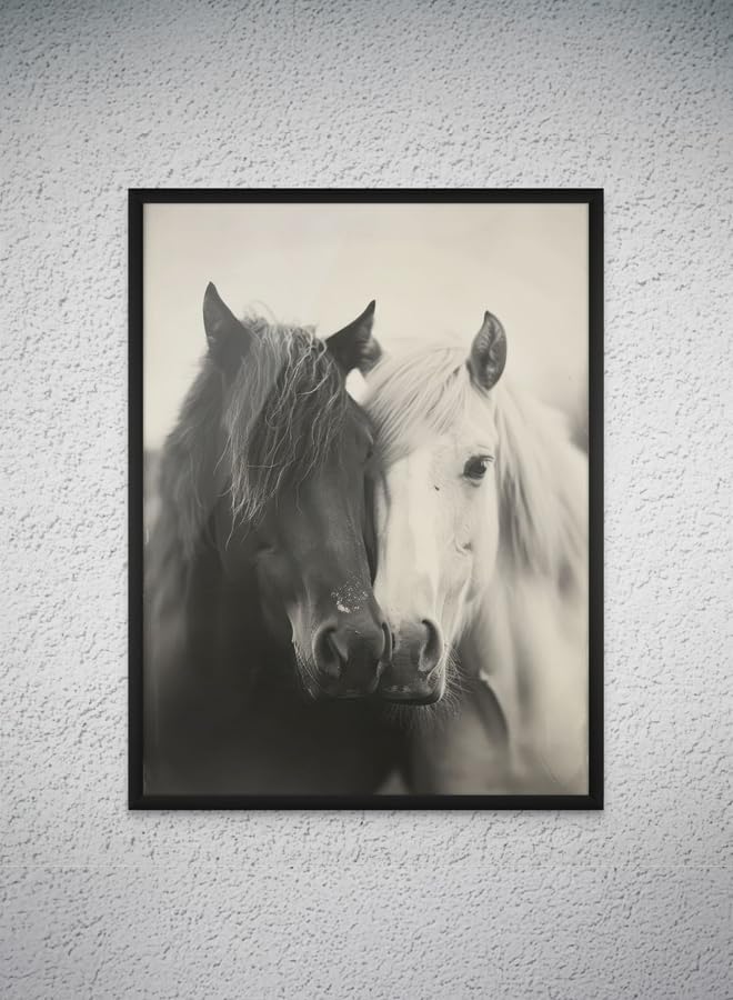 Art Decor Framed Fine Art of Black and White Horse Equestrian Artwork Animal Portrait Wall Art Print Wall Decor for Home Living Room Bedroom Office Studio and Gifting 75x100cm - Image 1