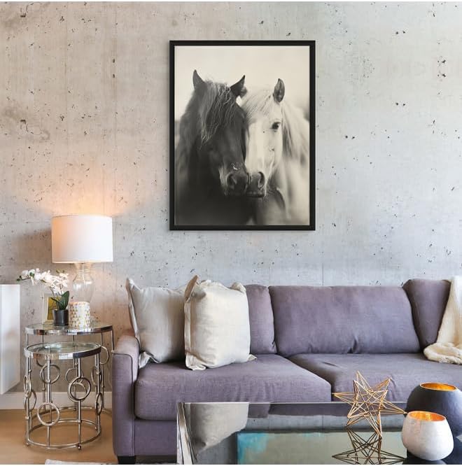 Art Decor Framed Fine Art of Black and White Horse Equestrian Artwork Animal Portrait Wall Art Print Wall Decor for Home Living Room Bedroom Office Studio and Gifting 75x100cm - Image 3