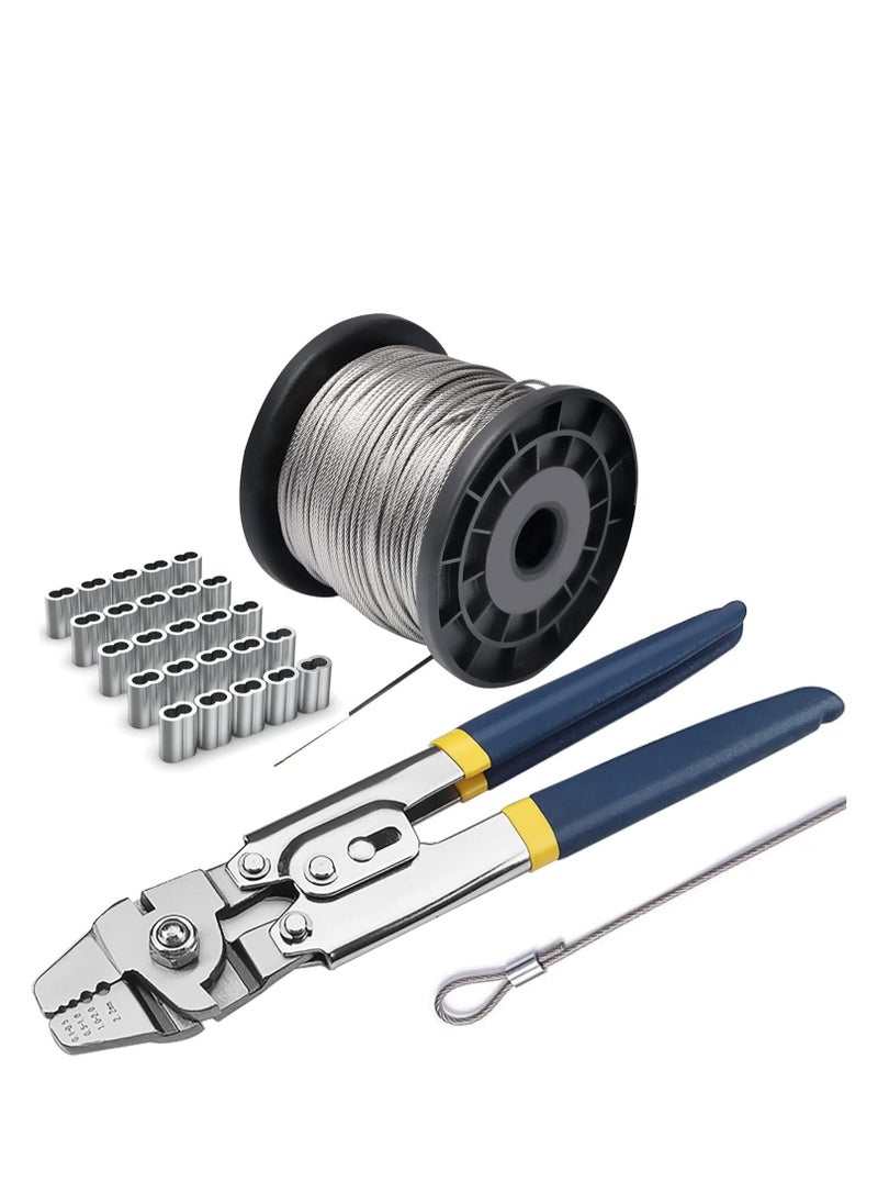 Generic Wire Rope Crimping Tool Kit with 1/16-304 Stainless Steel Cable 50M 100 Cable Ferrule Aluminum Loop Sleeve Stops for Railing Decking Picture Hanging  - Image 1