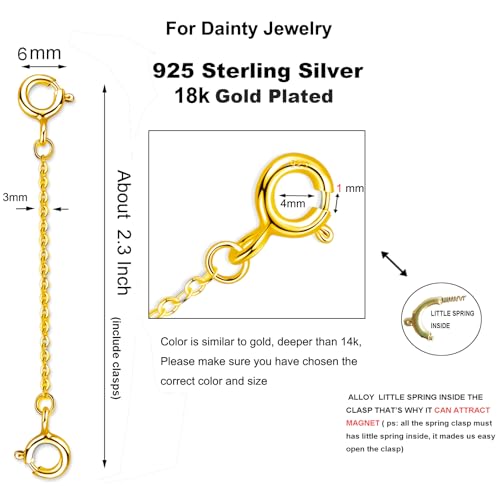 wzhe Gold Necklace Extender Chain for Women 18k Plated Sterling Silver Extension Bracelet Safety Link for Delicate Jewelry 2.3" Length - Image 2