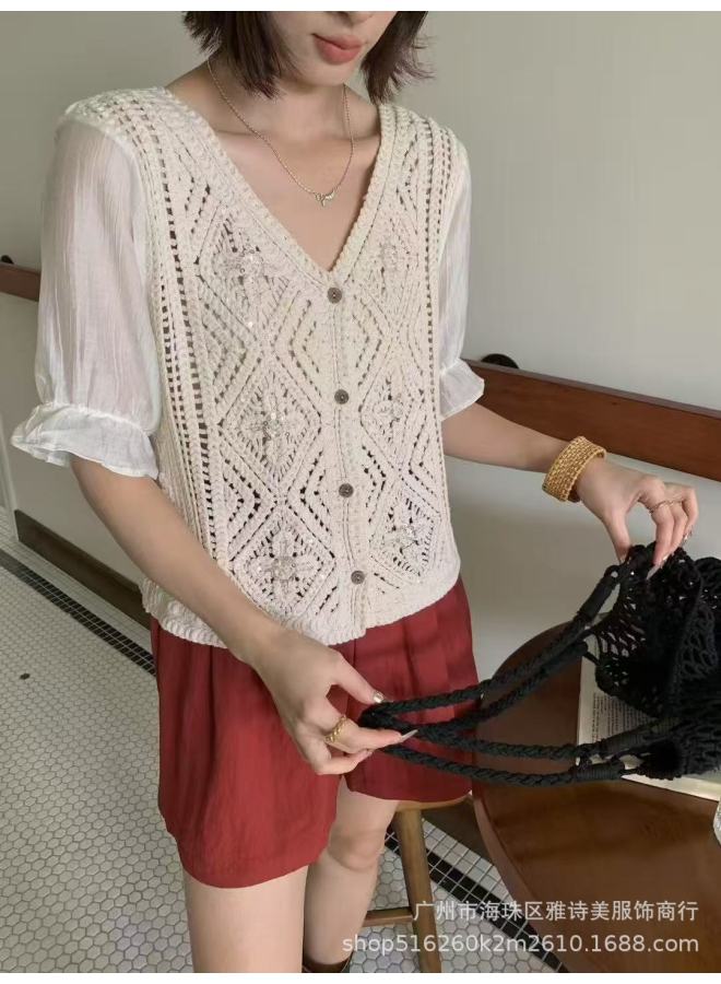 French-style Hollow Crochet Sequin Chiffon Blouse For Women New Spring/summer High-end Versatile Puff Sleeve Cardigan Top