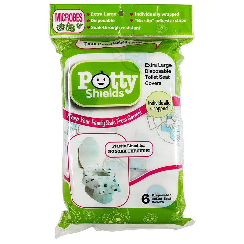 Potty Shields أغطية مقاعد المرحاض القابلة للاستخدام لمرة واحدة للأطفال والبالغين (6 عبوات) - حماية من الجراثيم من المراحيض العامة - مقاومة للماء، مغلفة بشكل فردي، مبطنة بالبلاستيك لمنع التسرب، XL لتغطية المرحاض بالكامل - للجنسين - Image 3