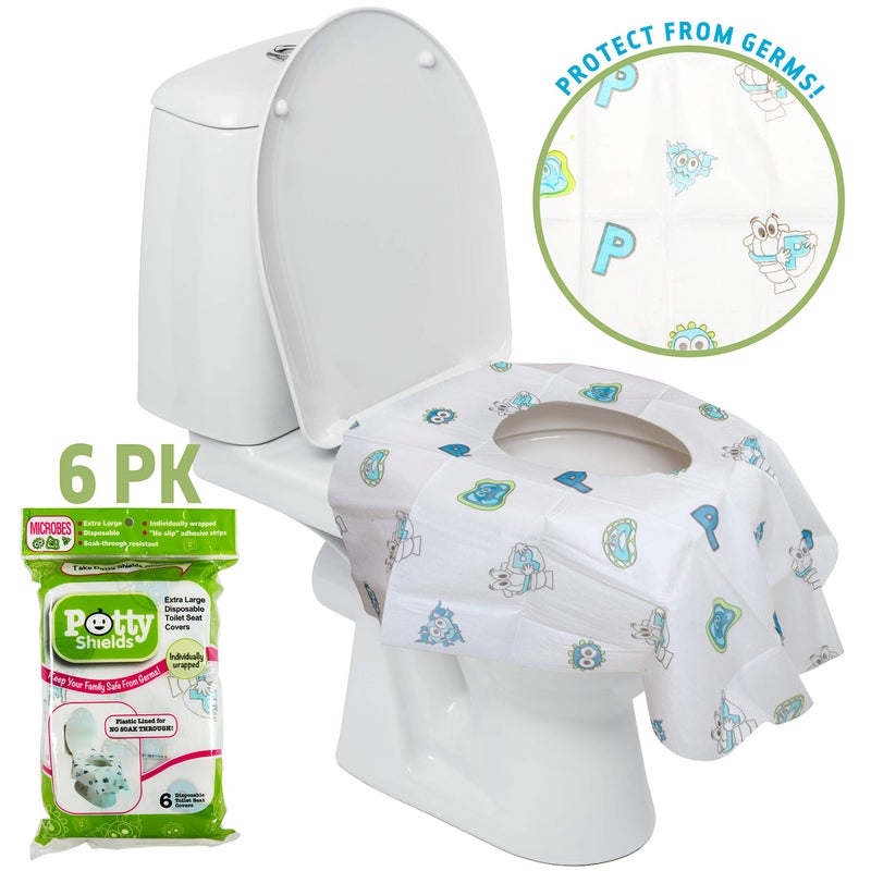 Potty Shields أغطية مقاعد المرحاض القابلة للاستخدام لمرة واحدة للأطفال والبالغين (6 عبوات) - حماية من الجراثيم من المراحيض العامة - مقاومة للماء، مغلفة بشكل فردي، مبطنة بالبلاستيك لمنع التسرب، XL لتغطية المرحاض بالكامل - للجنسين - Image 2