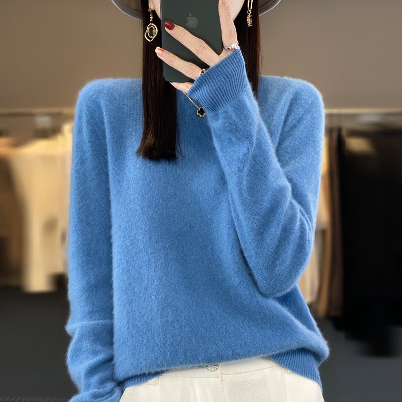 Woolen sweater womens solid color round neck 23 new long sleeve seamless knitted first-line garment wool sweater undershirt Haze Blue