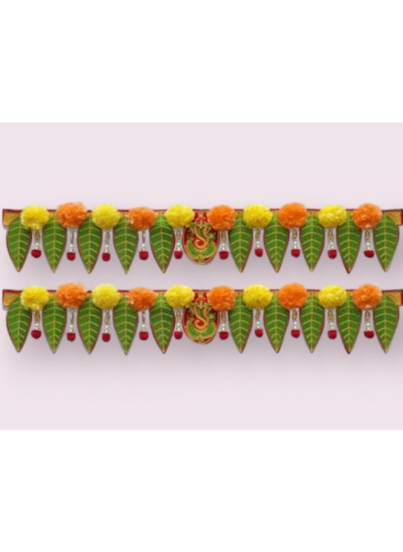 PREETENCY - PREETENCYGanesh pan Toran with Artificial Yellow and Orange Marigold Flower Door Toran Toran3FITS Pack of 2 - Image 1