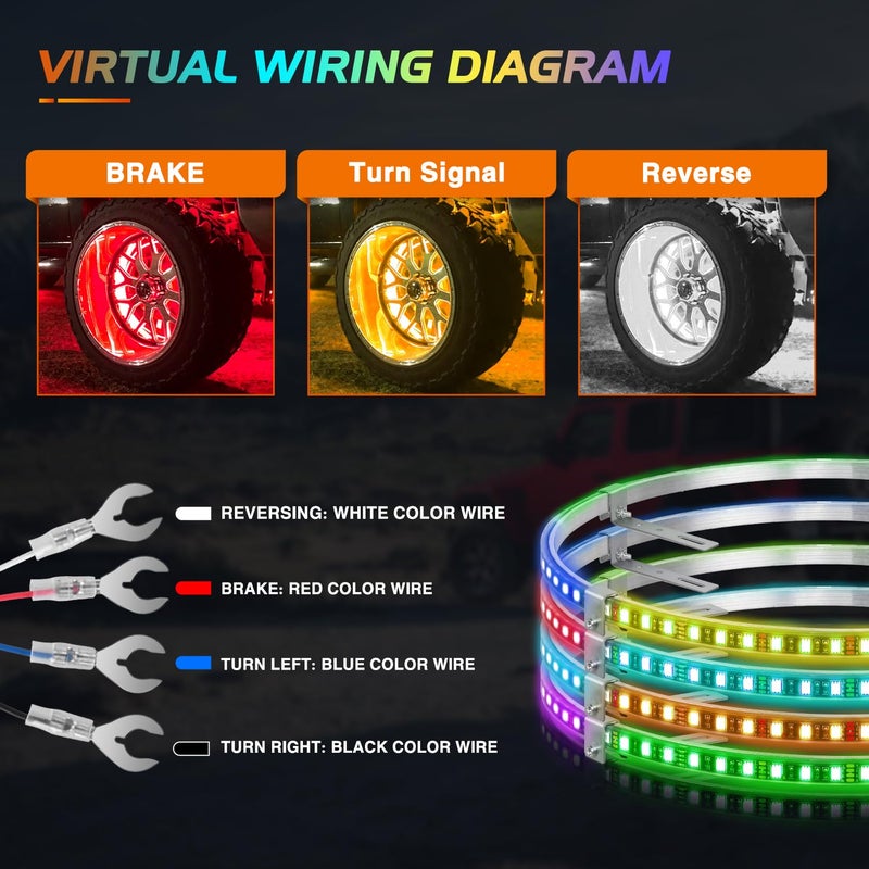 Nilight 4PCS 15.5inch Wheel Ring Lights Deram Color with APP and Remote Control Neon Lights Million Colors w/Turn Signal and Braking Function for Car Van SUV Truck - Image 3