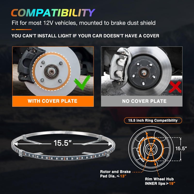 Nilight 4PCS 15.5inch Wheel Ring Lights Deram Color with APP and Remote Control Neon Lights Million Colors w/Turn Signal and Braking Function for Car Van SUV Truck - Image 2