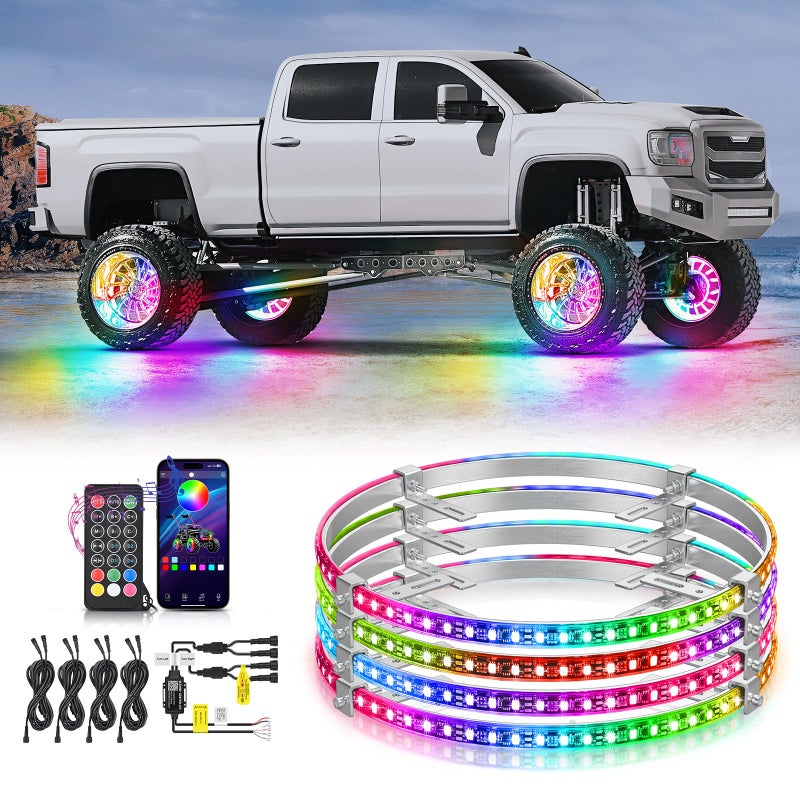 Nilight 4PCS 15.5inch Wheel Ring Lights Deram Color with APP and Remote Control Neon Lights Million Colors w/Turn Signal and Braking Function for Car Van SUV Truck - Image 1