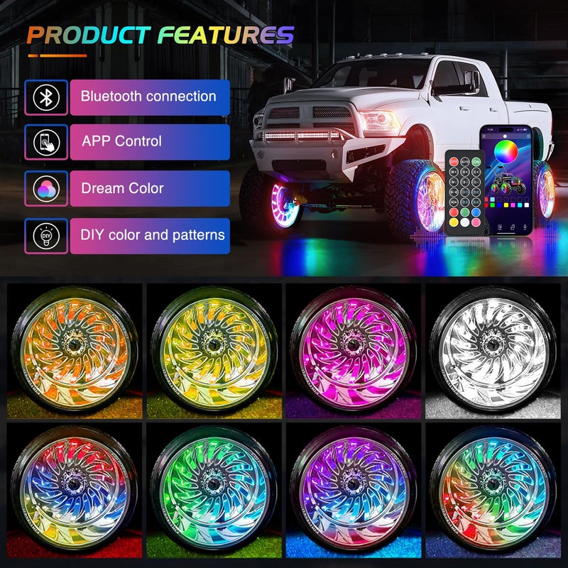 Nilight 4PCS 15.5inch Wheel Ring Lights Deram Color with APP and Remote Control Neon Lights Million Colors w/Turn Signal and Braking Function for Car Van SUV Truck - Image 4