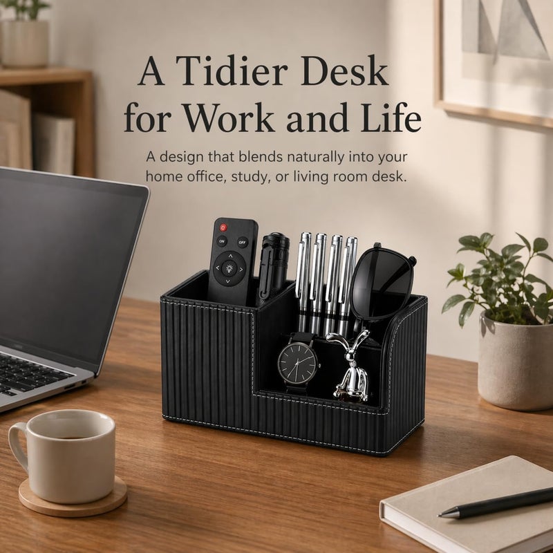 KINGFOM Desk Pen Organizer Office Supplies Caddy Pu Leather Multi-function Storage Box Pen/Pencil,Cell phone, Business Name Cards Remote Control Holder (Black) - Image 5