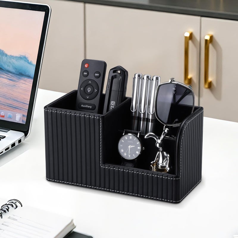 KINGFOM Desk Pen Organizer Office Supplies Caddy Pu Leather Multi-function Storage Box Pen/Pencil,Cell phone, Business Name Cards Remote Control Holder (Black) - Image 2