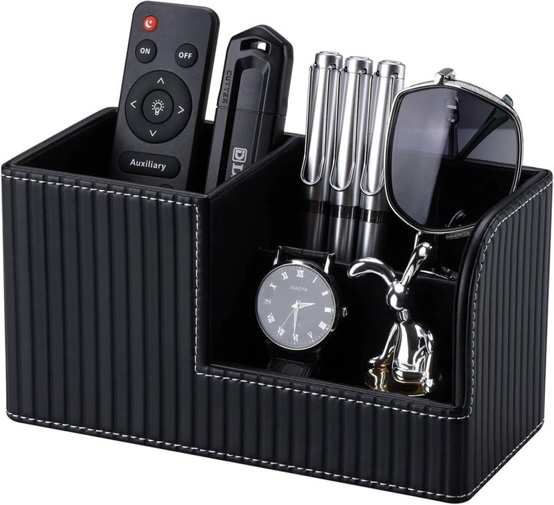 KINGFOM Desk Pen Organizer Office Supplies Caddy Pu Leather Multi-function Storage Box Pen/Pencil,Cell phone, Business Name Cards Remote Control Holder (Black) - Image 1
