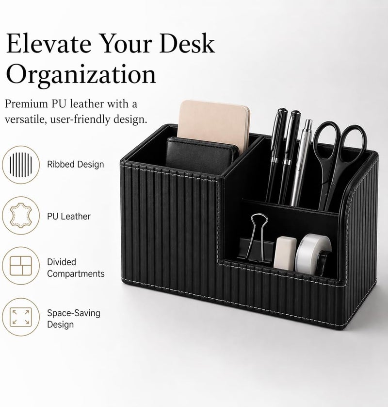 KINGFOM Desk Pen Organizer Office Supplies Caddy Pu Leather Multi-function Storage Box Pen/Pencil,Cell phone, Business Name Cards Remote Control Holder (Black) - Image 4