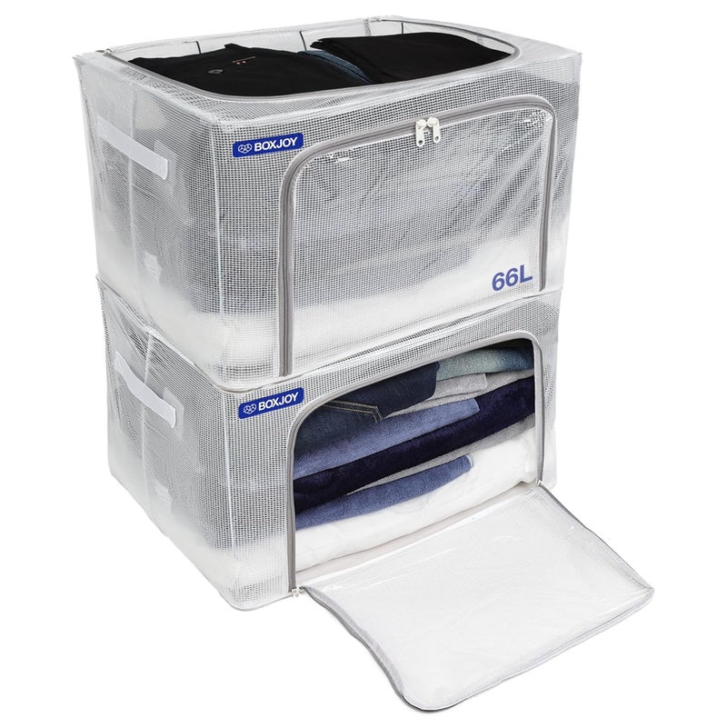 BOXJOY BOXJOY Foldable Steel Frame Transparent 66L Pack of 2 Clothes Storage Organizer Box for Saree Shirt Blankets with Clear Front Top Open Almirah Wardrobe Organiser Closet Basket for Cloth Cupboard - Image 1