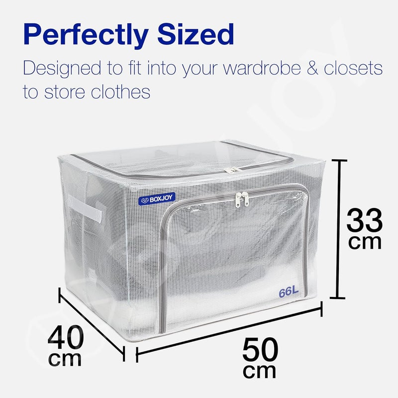 BOXJOY BOXJOY Foldable Steel Frame Transparent 66L Pack of 2 Clothes Storage Organizer Box for Saree Shirt Blankets with Clear Front Top Open Almirah Wardrobe Organiser Closet Basket for Cloth Cupboard - Image 5
