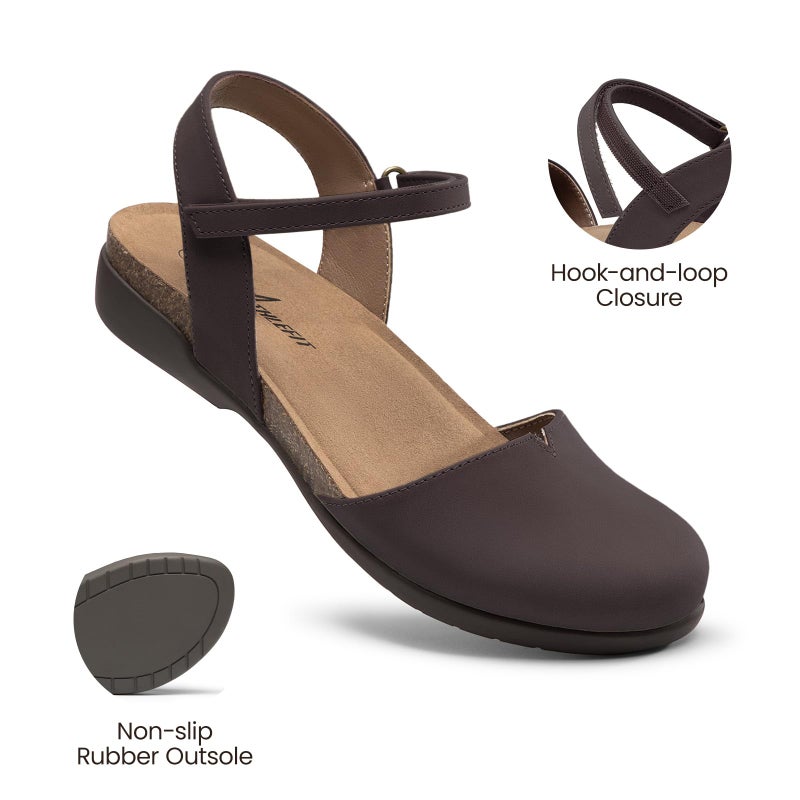 Athlefit Womens Closed Toe Sandals Comfort Casual Cork Footbed and Arch Support Flat Sandals Chocolate Size 8.5 - Image 5
