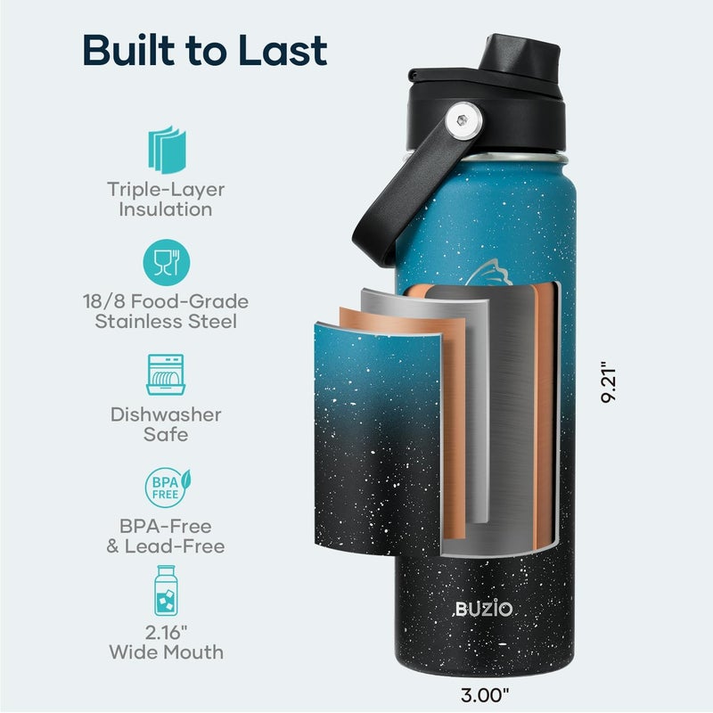 BUZIO 24 oz Insulated Water Bottle, Stainless Steel Wide Mouth Water Flask with Straw Lid, Cold for 48 Hrs Leak Proof Metal Hydro Thermo Canteen Mug, Dappled Navy Black - Image 4