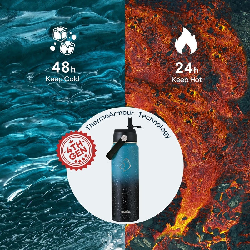 BUZIO 24 oz Insulated Water Bottle, Stainless Steel Wide Mouth Water Flask with Straw Lid, Cold for 48 Hrs Leak Proof Metal Hydro Thermo Canteen Mug, Dappled Navy Black - Image 2