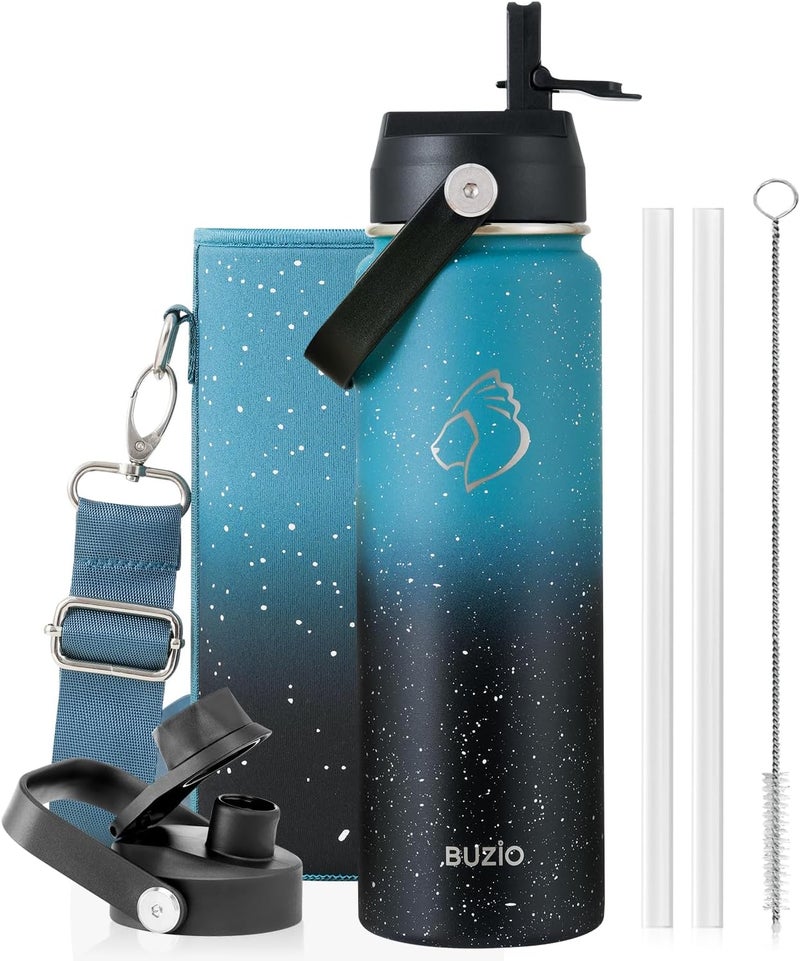 BUZIO 24 oz Insulated Water Bottle, Stainless Steel Wide Mouth Water Flask with Straw Lid, Cold for 48 Hrs Leak Proof Metal Hydro Thermo Canteen Mug, Dappled Navy Black - Image 1
