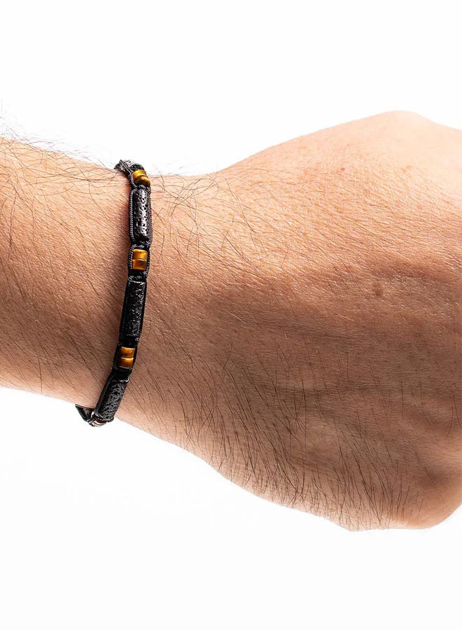 كريسوستوموس Handmade Adjustable Beaded Bracelet for Men with Knitted Design, Black Lava and Brown Tiger's Eye Stones