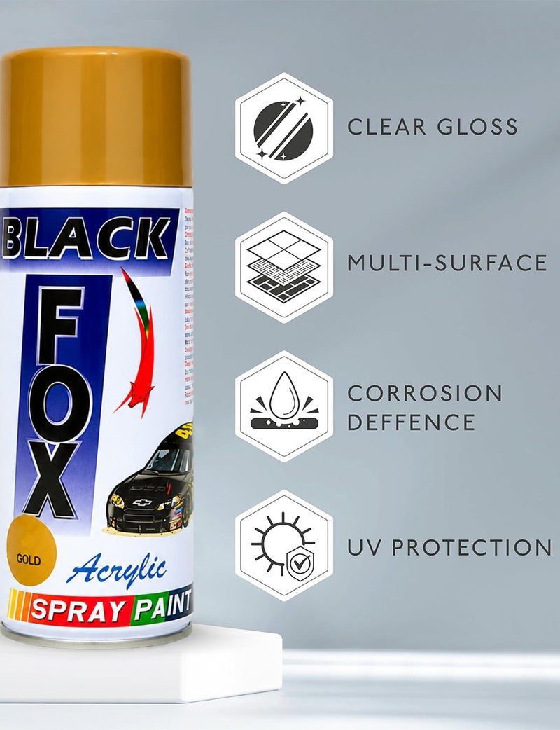 بلاك فوكس طلاء بخاخ أكريليك ذهبي من BLACK FOX (سعة 400 مل) - طبقة نهائية لامعة متعددة الأسطح (للمعدن، الخشب، الزجاج، القماش، الأثاث، الجدران) - مثالي للأعمال اليدوية، والحرف، وترميم السيارات - سريع الجفاف، مقاوم للأشعة فوق البنفسجية، تغطية ناعمة، للاستخدام الداخلي والخارجي. - Image 2