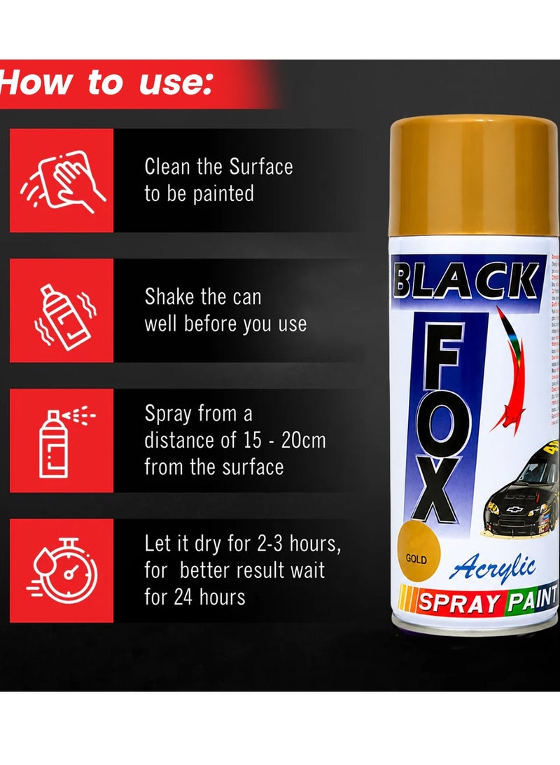 بلاك فوكس طلاء بخاخ أكريليك ذهبي من BLACK FOX (سعة 400 مل) - طبقة نهائية لامعة متعددة الأسطح (للمعدن، الخشب، الزجاج، القماش، الأثاث، الجدران) - مثالي للأعمال اليدوية، والحرف، وترميم السيارات - سريع الجفاف، مقاوم للأشعة فوق البنفسجية، تغطية ناعمة، للاستخدام الداخلي والخارجي. - Image 3