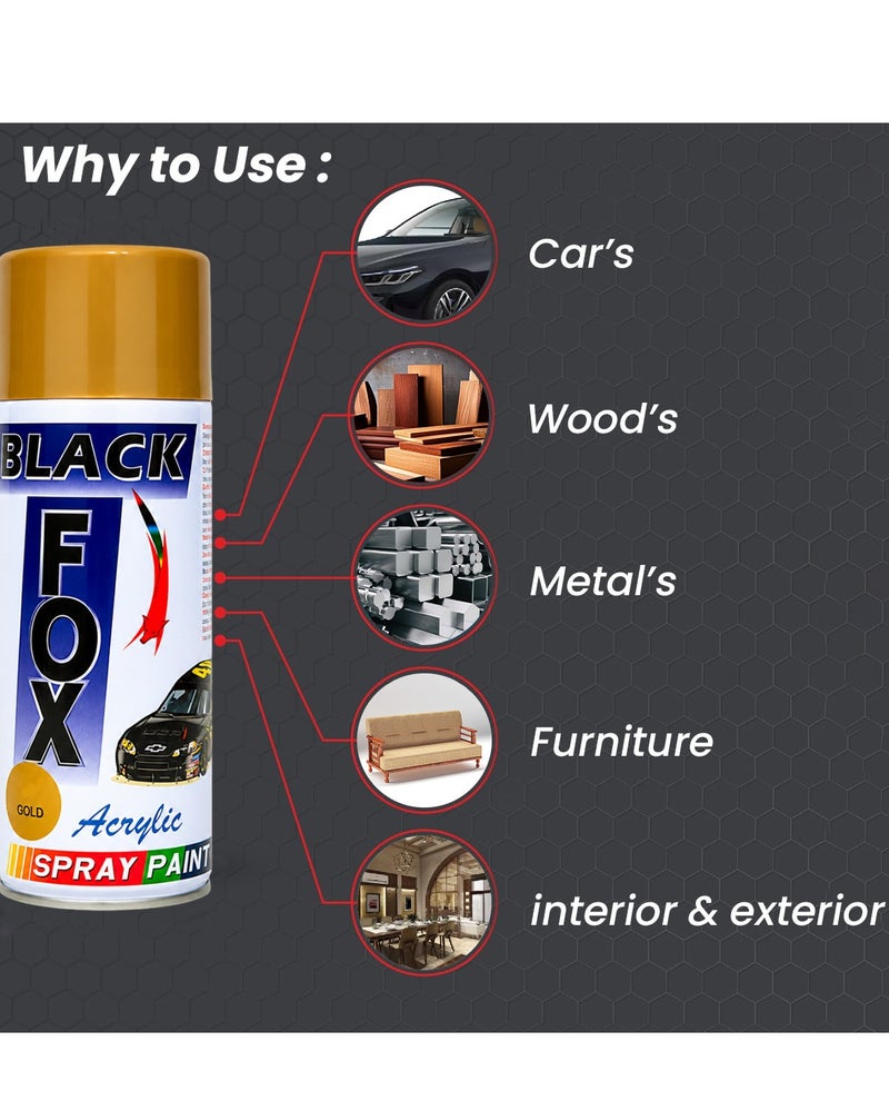 بلاك فوكس طلاء بخاخ أكريليك ذهبي من BLACK FOX (سعة 400 مل) - طبقة نهائية لامعة متعددة الأسطح (للمعدن، الخشب، الزجاج، القماش، الأثاث، الجدران) - مثالي للأعمال اليدوية، والحرف، وترميم السيارات - سريع الجفاف، مقاوم للأشعة فوق البنفسجية، تغطية ناعمة، للاستخدام الداخلي والخارجي. - Image 4