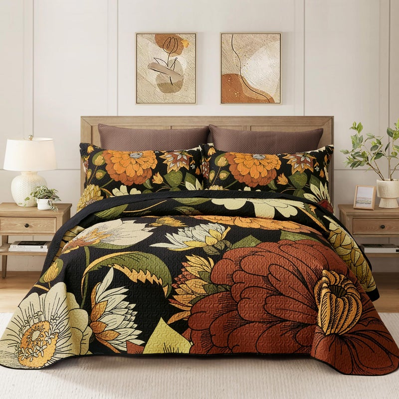 Tyrot 3 Piece Black Boho Floral FullQueen Quilt Sets Reversible Farmhouse Botanical Lightweight Bedspread Coverlet with 2 Shams Mid Century Microfiber Bedding Quilts Set for All Season90x96