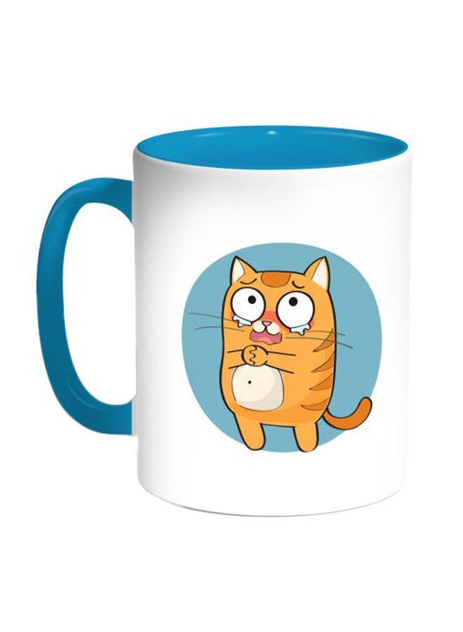 Cat Expression Graphics Printed Coffee Mug Blue/White/Yellow 11ounce