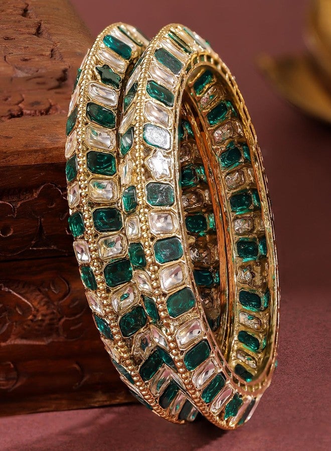 Rubans Set of 2 18K Gold-Plated Brass Bangles with Emerald Green & White Zirconia Stones for Women & Girls - Image 3