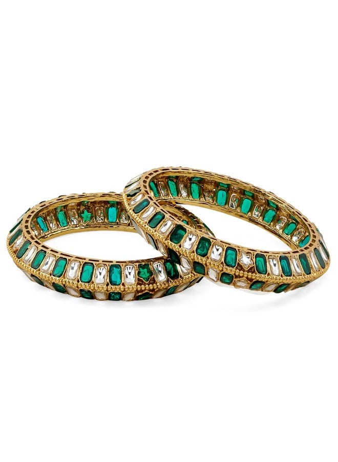 Rubans Set of 2 18K Gold-Plated Brass Bangles with Emerald Green & White Zirconia Stones for Women & Girls - Image 1