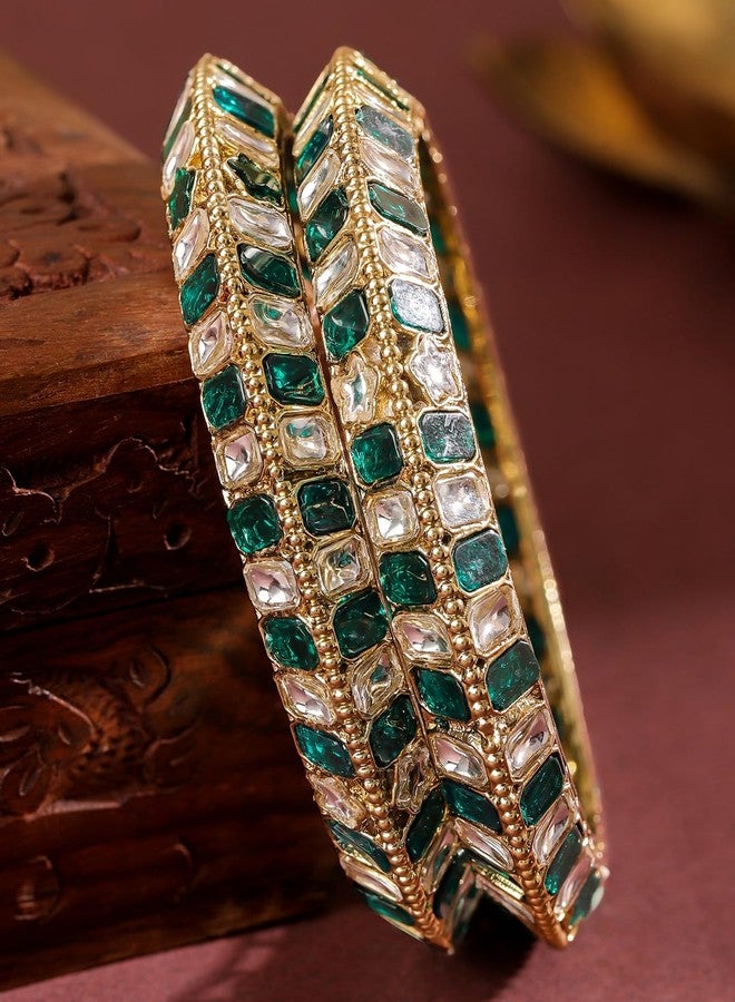 Rubans Set of 2 18K Gold-Plated Brass Bangles with Emerald Green & White Zirconia Stones for Women & Girls - Image 4