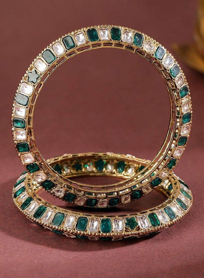 Rubans Set of 2 18K Gold-Plated Brass Bangles with Emerald Green & White Zirconia Stones for Women & Girls - Image 5