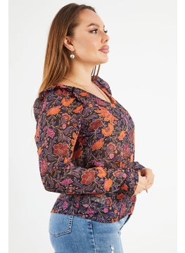 promod Women V-Neck Long Sleeves Floral Top, Black Combo  - Image 2