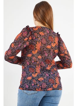 promod Women V-Neck Long Sleeves Floral Top, Black Combo  - Image 3