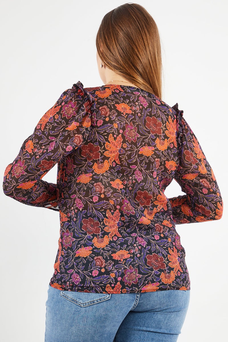 promod بلوزة نسائية بأكمام طويلة على شكل حرف V مزينة بالزهور، مجموعة سوداء - Image 3