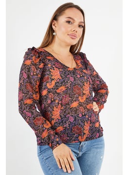 promod Women V-Neck Long Sleeves Floral Top, Black Combo  - Image 1