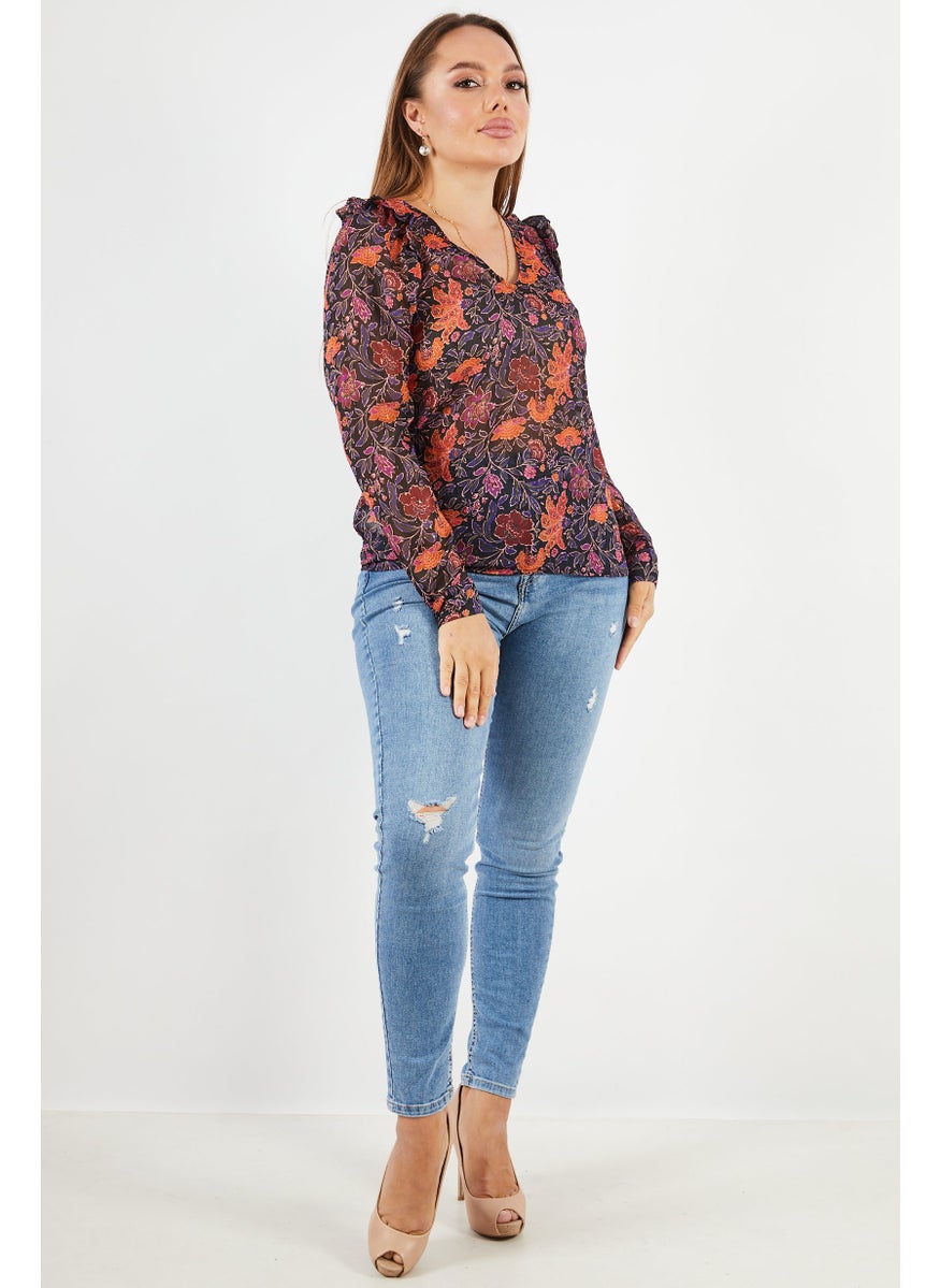 Women V-Neck Long Sleeves Floral Top, Black Combo - pzsku/ZB01900BC4B8A9D3AE225Z/45/_/1740492853/2b4f4052-de40-4a98-a524-aebc89ed7ac1