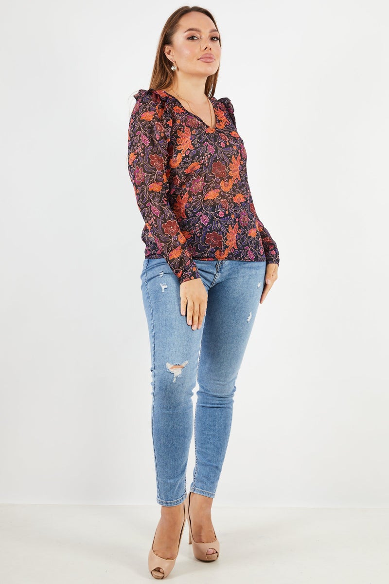 promod بلوزة نسائية بأكمام طويلة على شكل حرف V مزينة بالزهور، مجموعة سوداء - Image 4