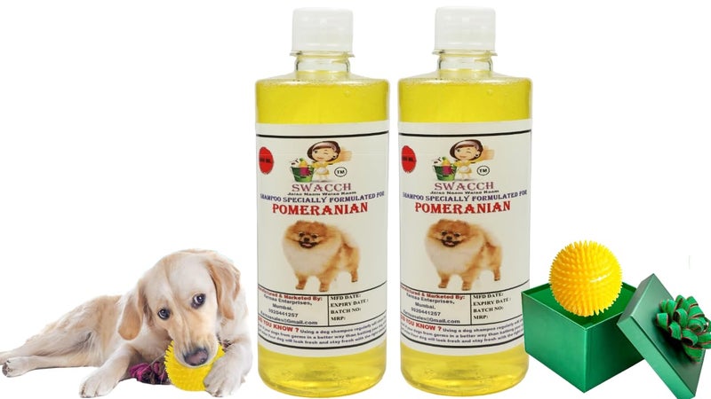 swacch Shampoo | Puppy Safe Shampoo | PH Balanced | Ditch to Itch for Pomeranian Dog Shampoo 500ml Pack of 2 (Lemon) + Spike Ball Chew Toy Combo Pack - Image 1
