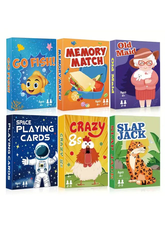 6 Decks Card Games Set Includes Go Fish Old Maid Space Poker Crazy 8s Slap Jack Memory Game - Image 1