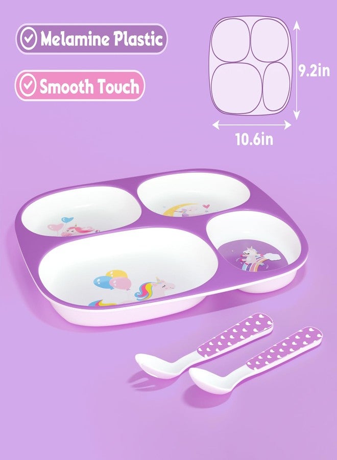 Boromine Set of 4 Divided Melamine Dinner Plates for Girls, Shatterproof Kids Dinnerware with Fun Themes (Mermaid, Unicorn, Princess, Cat), Perfect for Picky Eaters, Toddler Essentials - Image 2