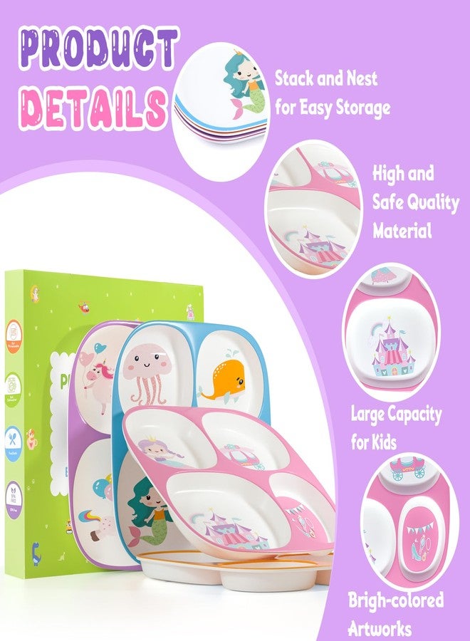 Boromine Set of 4 Divided Melamine Dinner Plates for Girls, Shatterproof Kids Dinnerware with Fun Themes (Mermaid, Unicorn, Princess, Cat), Perfect for Picky Eaters, Toddler Essentials - Image 4