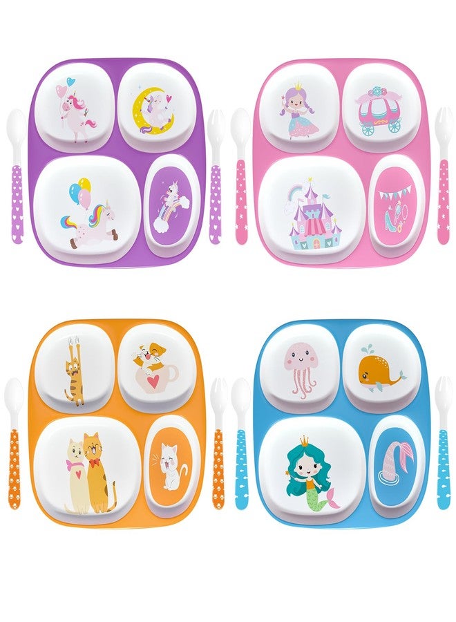 Boromine Set of 4 Divided Melamine Dinner Plates for Girls, Shatterproof Kids Dinnerware with Fun Themes (Mermaid, Unicorn, Princess, Cat), Perfect for Picky Eaters, Toddler Essentials - Image 1