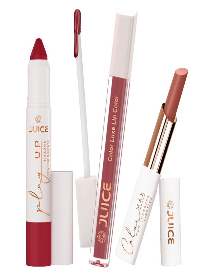 Juice Long Lasting, 3pc Lipstick Combo Set For Women(Red-y Set Go-MCR08 Lip Crayon, Pink Desire-M01 Liquid Lipstick, Muted Whisper-M20 Slim Stick) - Image 1