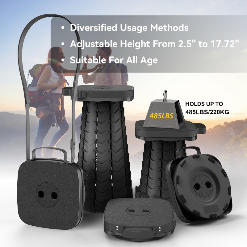 Guioiby 2025 Upgraded Portable Folding Stool, Collapsible Stool, Telescoping Camping Stool with Max Load Capacity 485lbs, Square Retractable Seat for Camping Gardening Fishing Hiking BBQ[Black] - Image 4