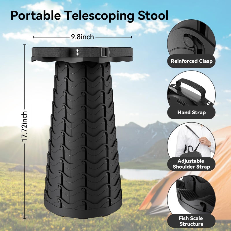 Guioiby 2025 Upgraded Portable Folding Stool, Collapsible Stool, Telescoping Camping Stool with Max Load Capacity 485lbs, Square Retractable Seat for Camping Gardening Fishing Hiking BBQ[Black] - Image 2